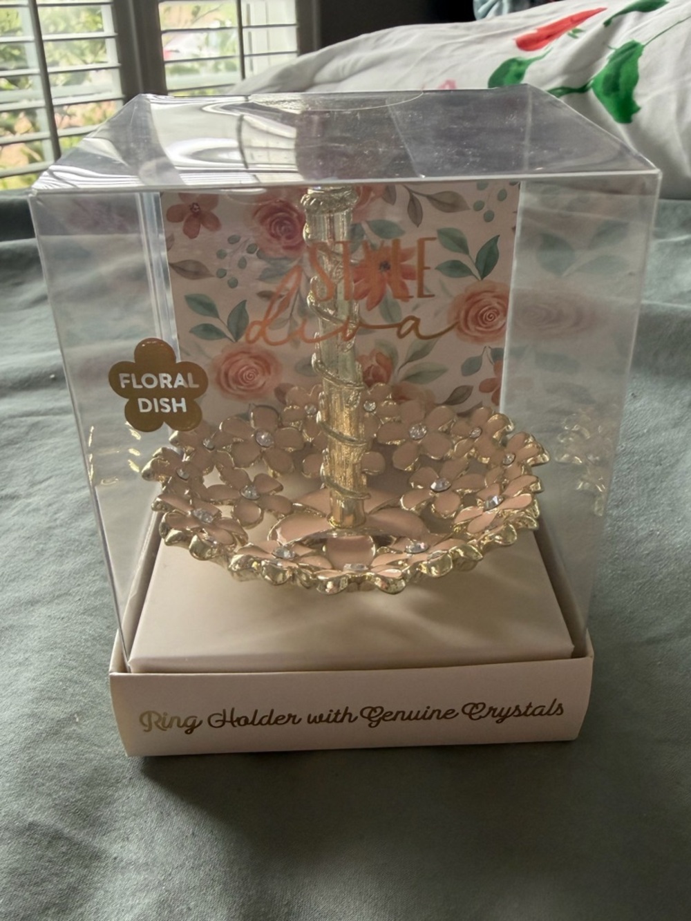 Style Diva Pink & Gold Floral Crystal Ring Holder NWT